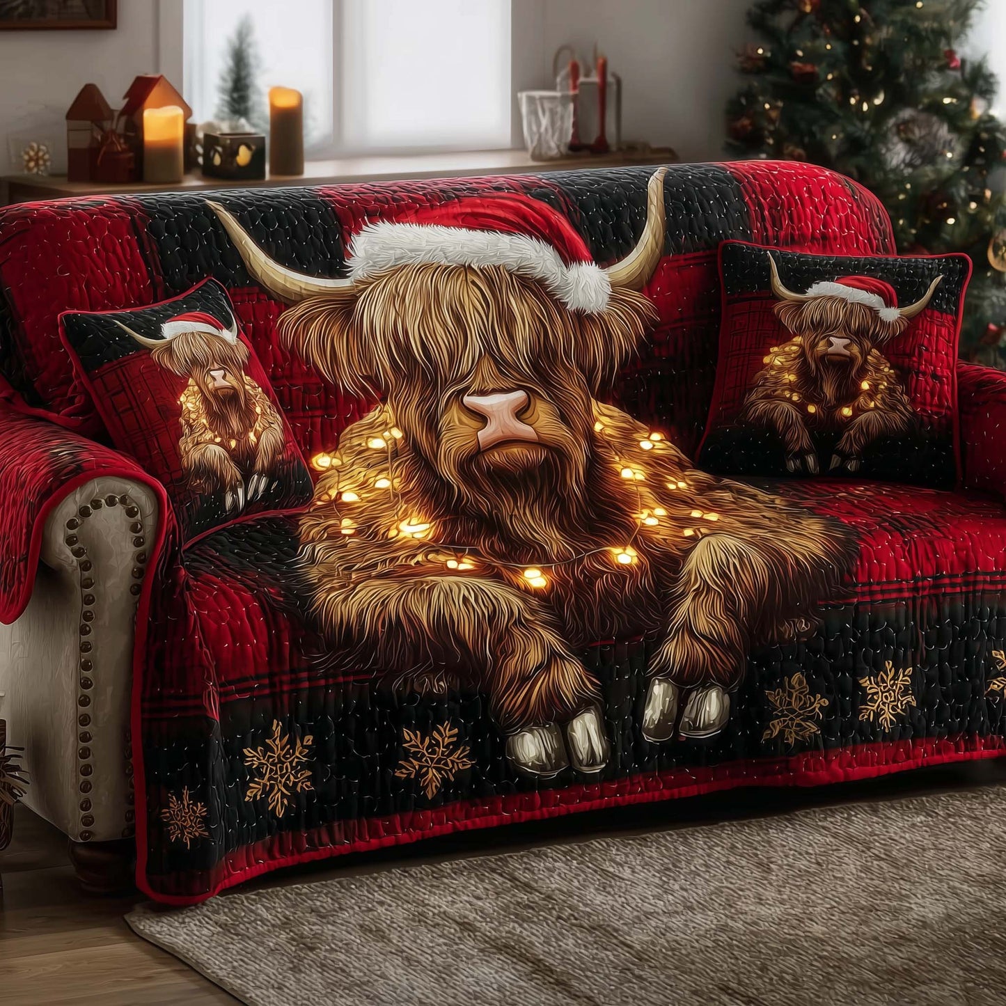 Holiday Highland Cow Quilted Sofa Cover GFTOHD12675