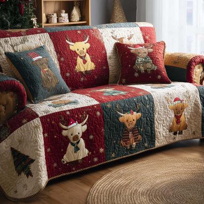 Holiday Highland Cow Quilted Sofa Cover GFTOHD12676