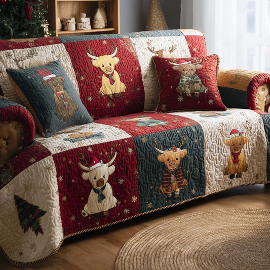Holiday Highland Cow Quilted Sofa Cover GFTOHD12676