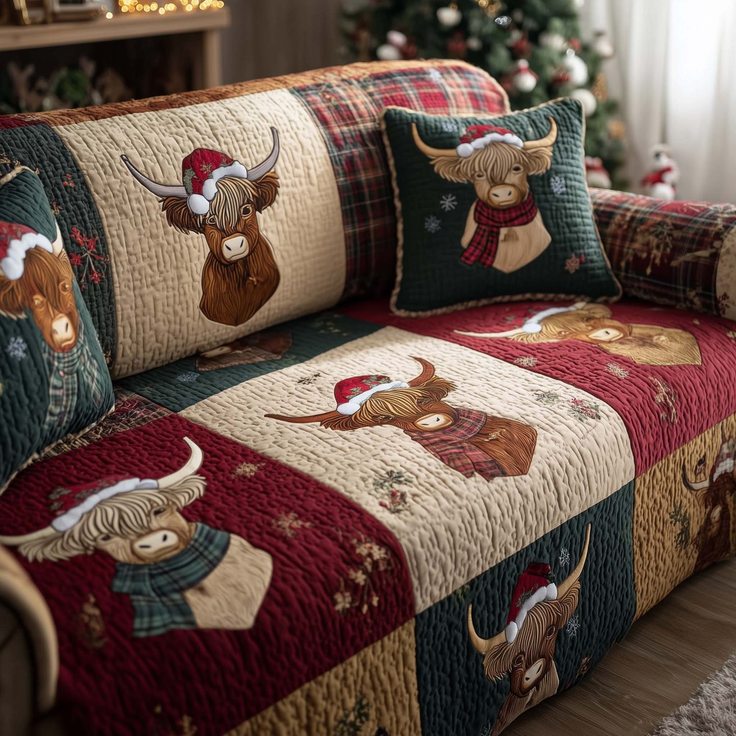 Holiday Highland Cow Quilted Sofa Cover GFTOHD12677