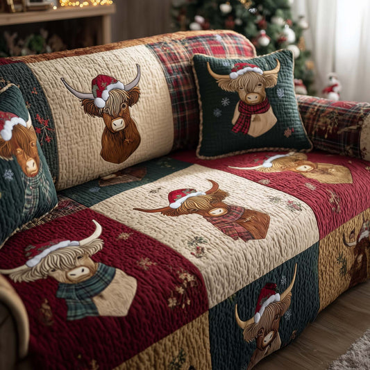 Holiday Highland Cow Quilted Sofa Cover GFTOHD12677