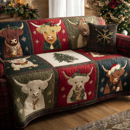 Holiday Highland Cow Quilted Sofa Cover GFTOHD12678