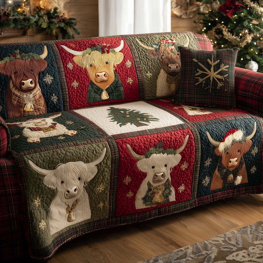 Holiday Highland Cow Quilted Sofa Cover GFTOHD12678