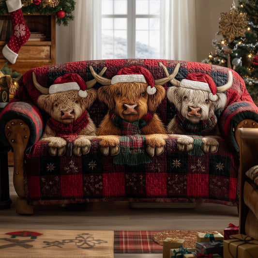 Holiday Highland Cow Quilted Sofa Cover GFTOHD12679