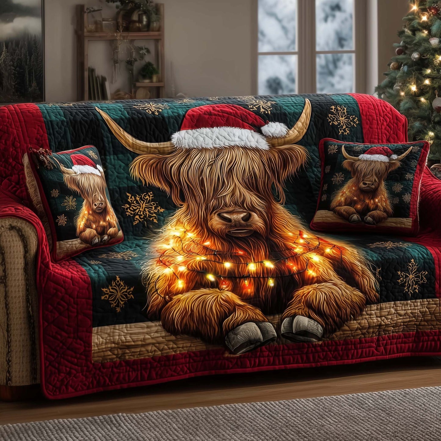 Holiday Highland Cow Quilted Sofa Cover GFTOHD12680