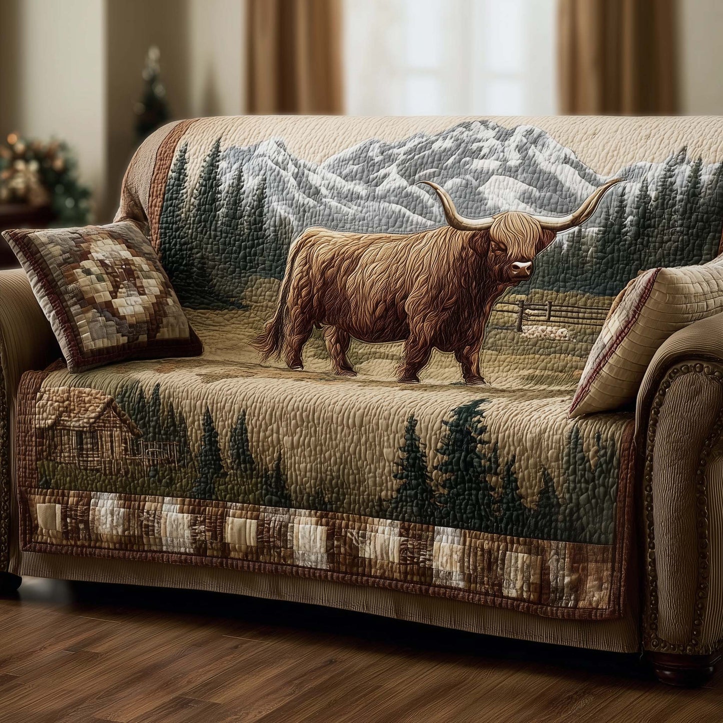 Holiday Highland Cow Quilted Sofa Cover GFTOHD12682