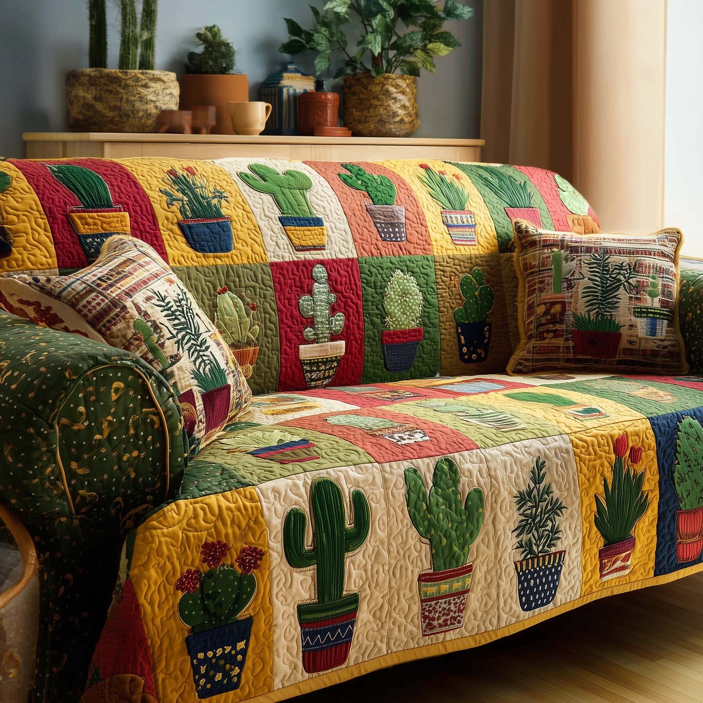 Joyful Cactus Patchwork Quilted Sofa Cover GFTOHD12751