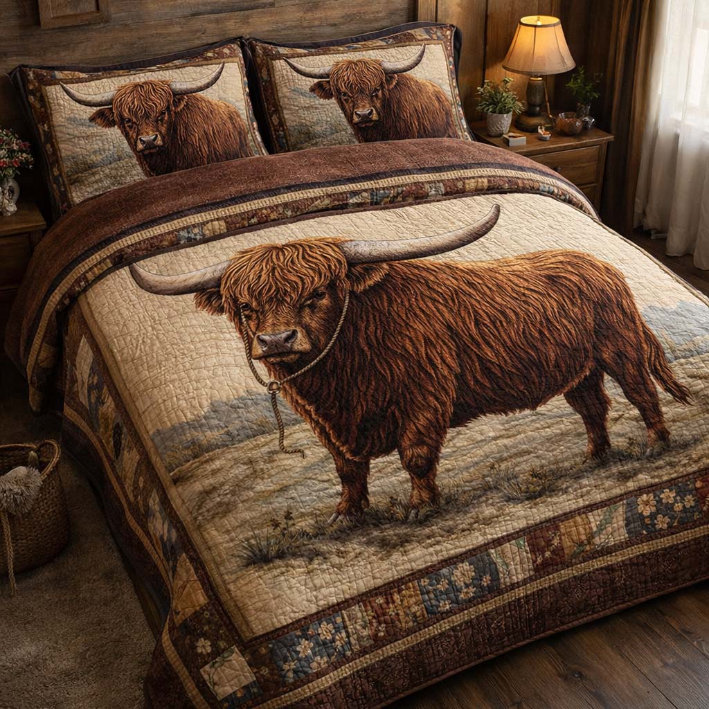 Highland Cattle 3-Piece Quilted Bedding Set GFTOHD13153