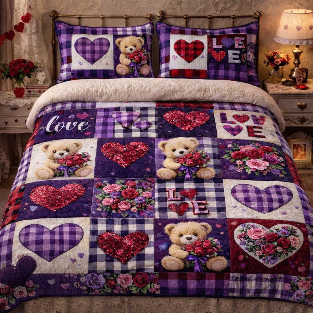 Purple Teddy Love Duvet Cover Set GFTOHD13312