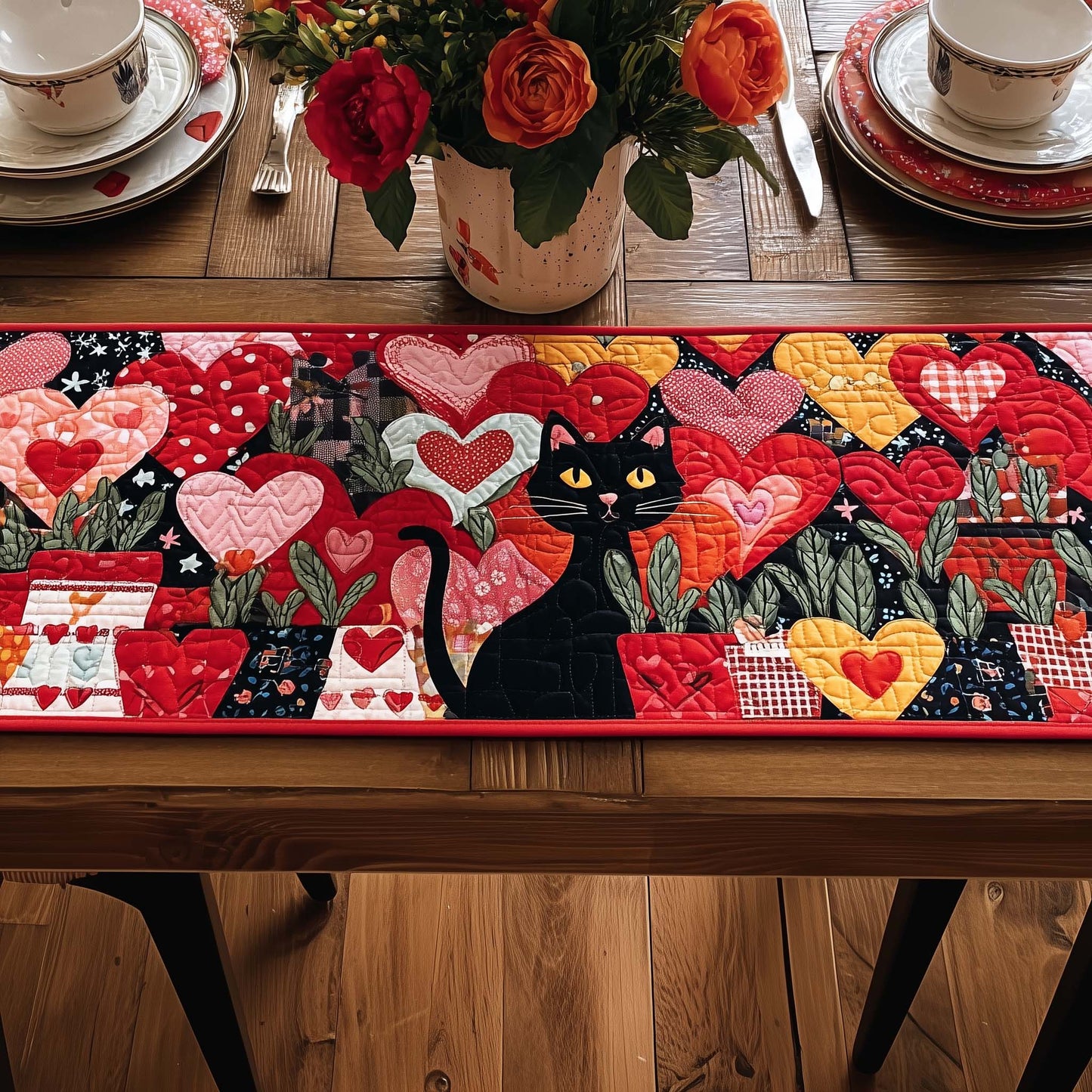 Valentine Cat Garden Quilted Table Runner GFTOHD13375