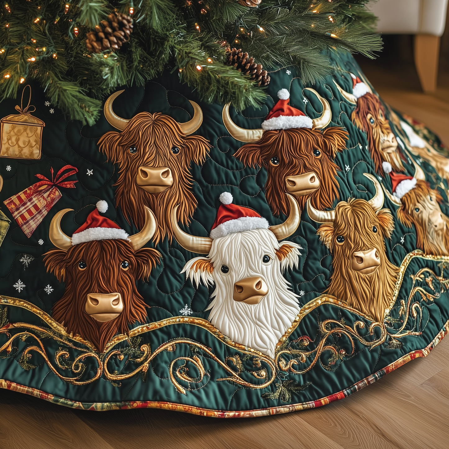 Christmas Highland Cow Quilted Tree Skirt GFTOHD1339