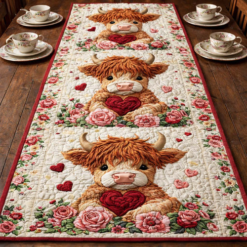 Highland Cow Romance Quilted Table Runner GFTOHD13428
