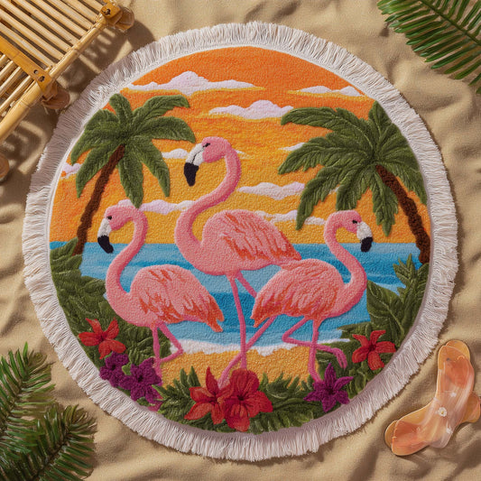 Sunset Flamingo Trio Round Beach Towel GFTOHD13438
