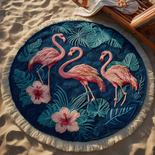 Midnight Flamingo Garden Round Beach Towel GFTOHD13439