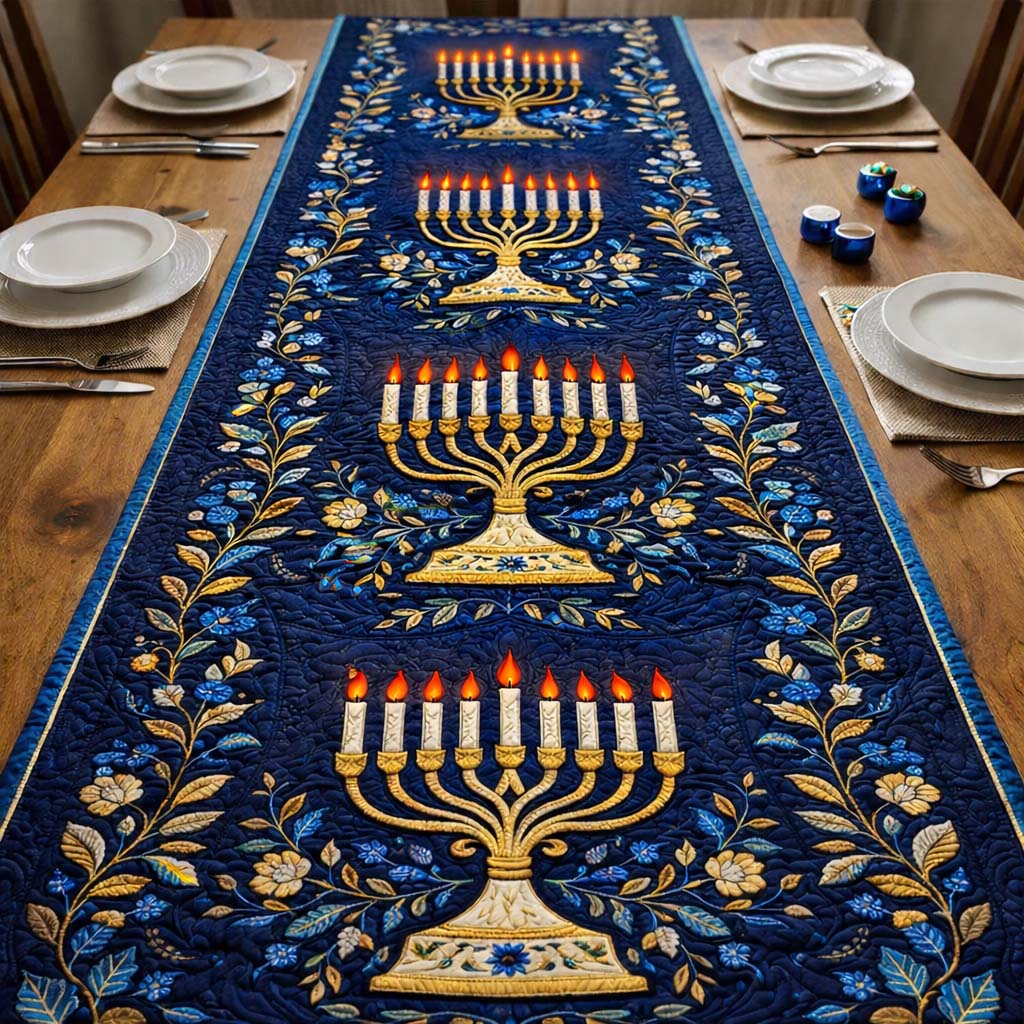 Midnight Menorah Bloom Quilted Table Runner GFTOHD13463