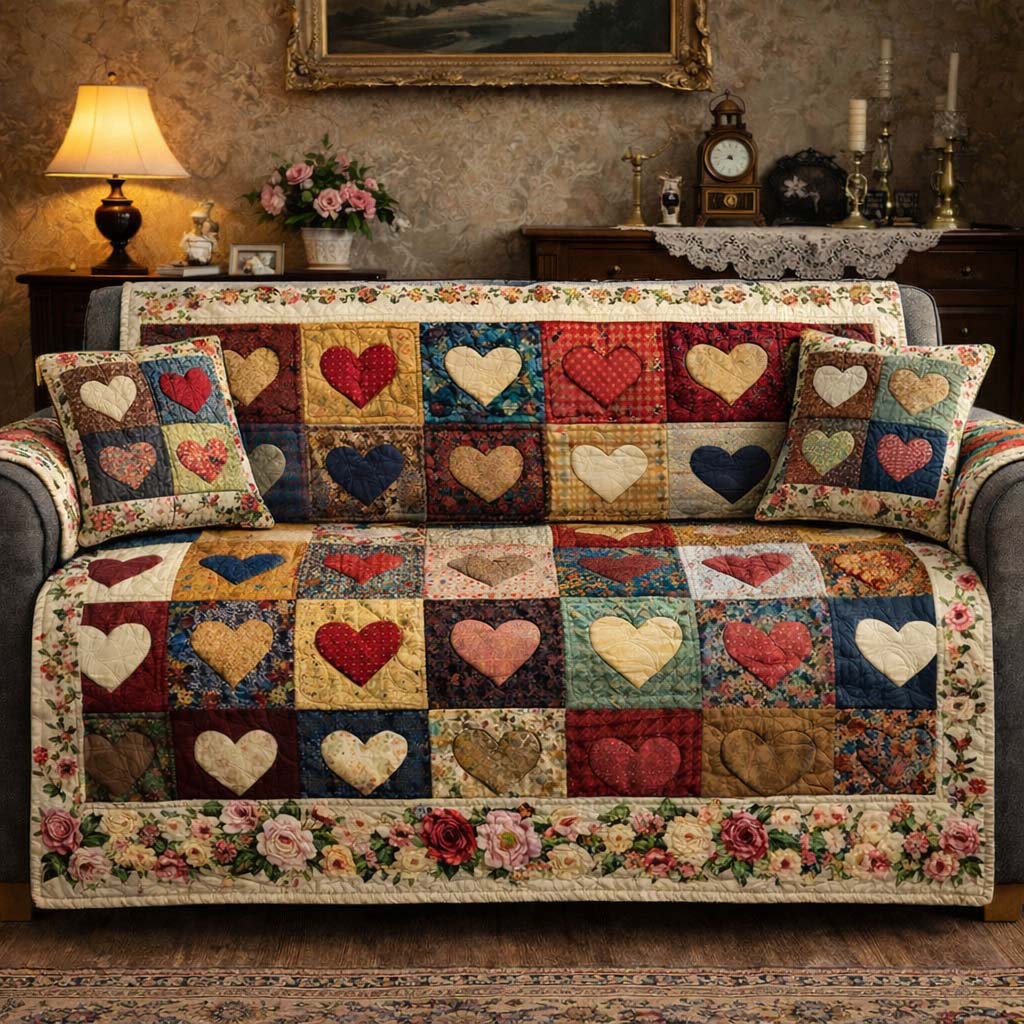 Vintage Hearts Quilted Sofa Cover GFTOHD13576