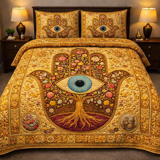 Golden Hamsa Blessing 3-Piece Quilted Bedding Set GFTOHD14051