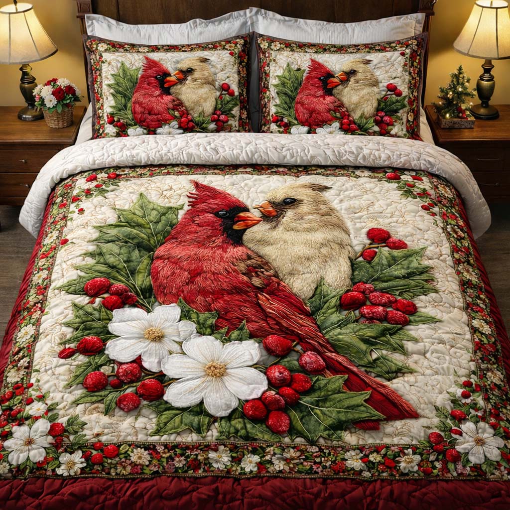 Winterberry Cardinal Pair 3-Piece Quilted Bedding Set GFTOHD14091