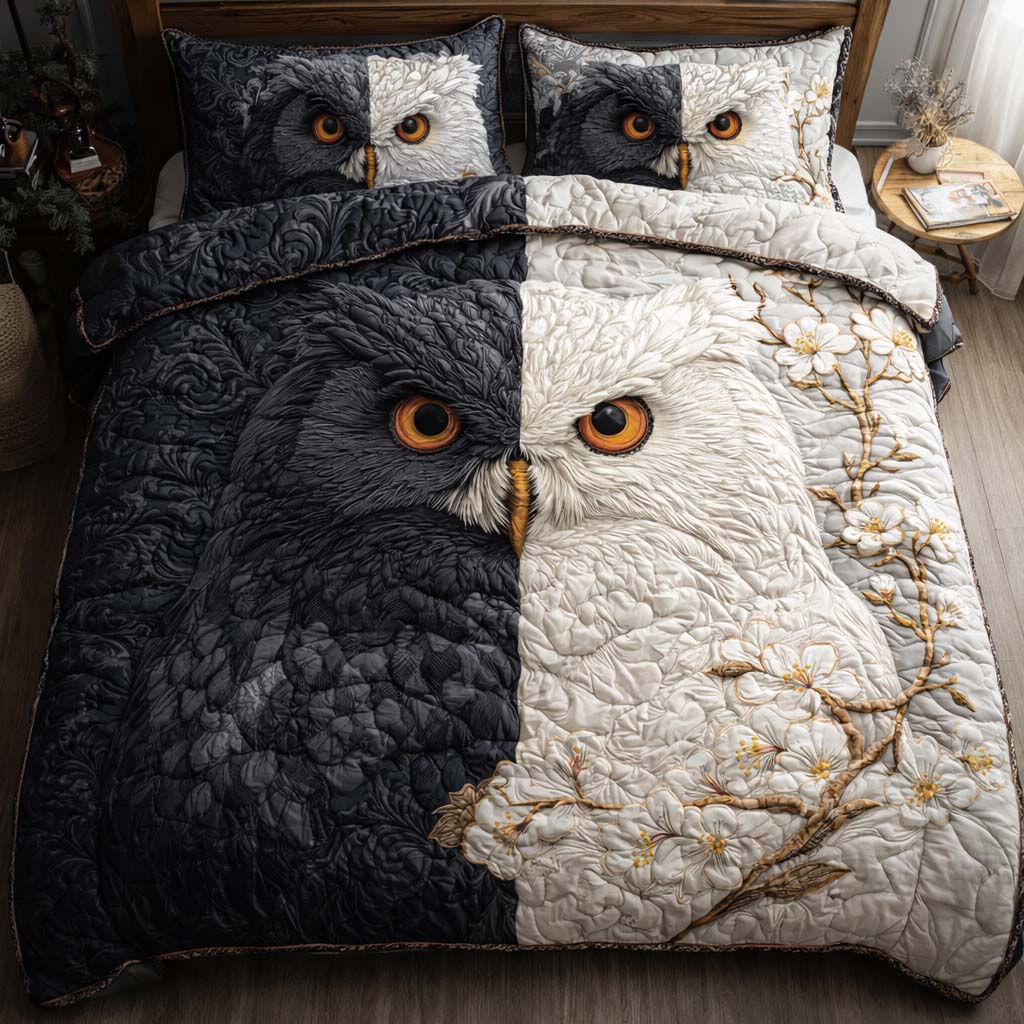 Yin Yang Owl 3-Piece Quilted Bedding Set GFTOHD14156