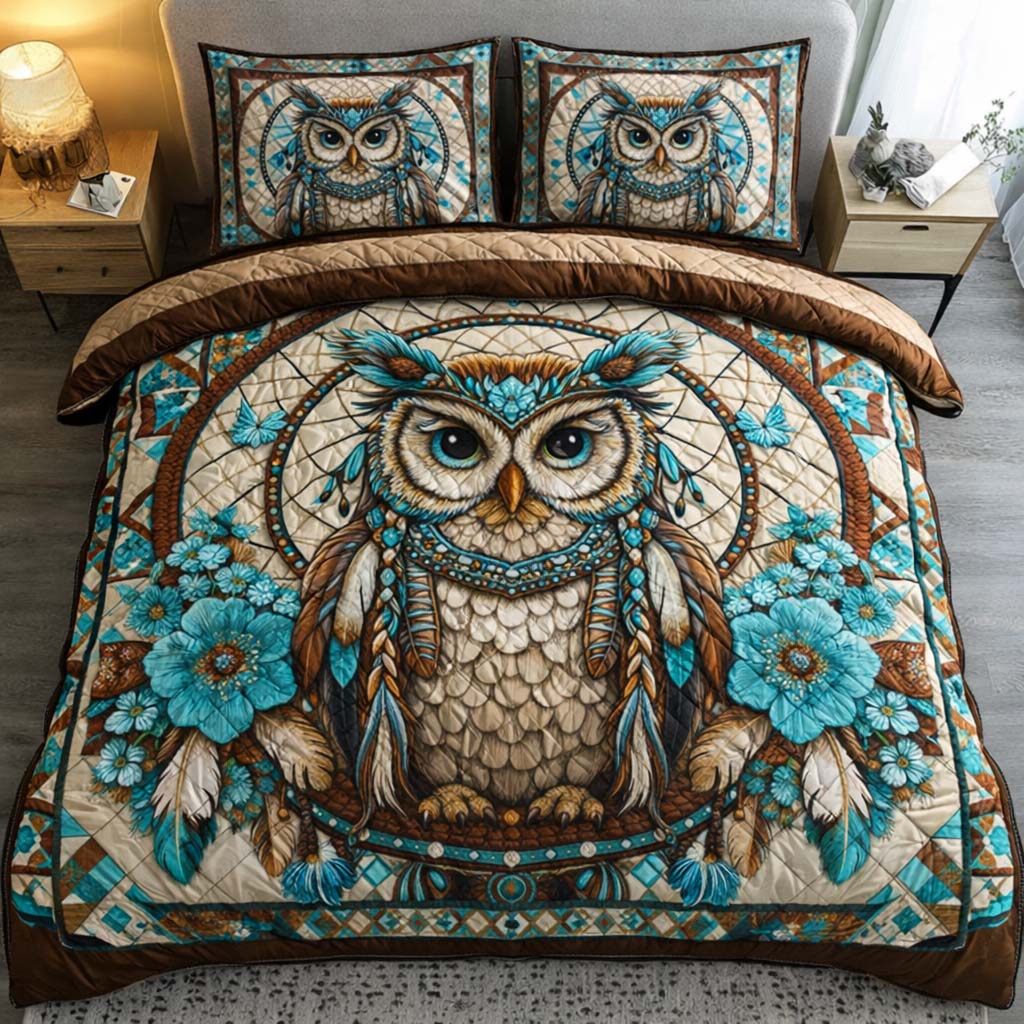 Turquoise Tribal Owl 3-Piece Quilted Bedding Set GFTOHD14157