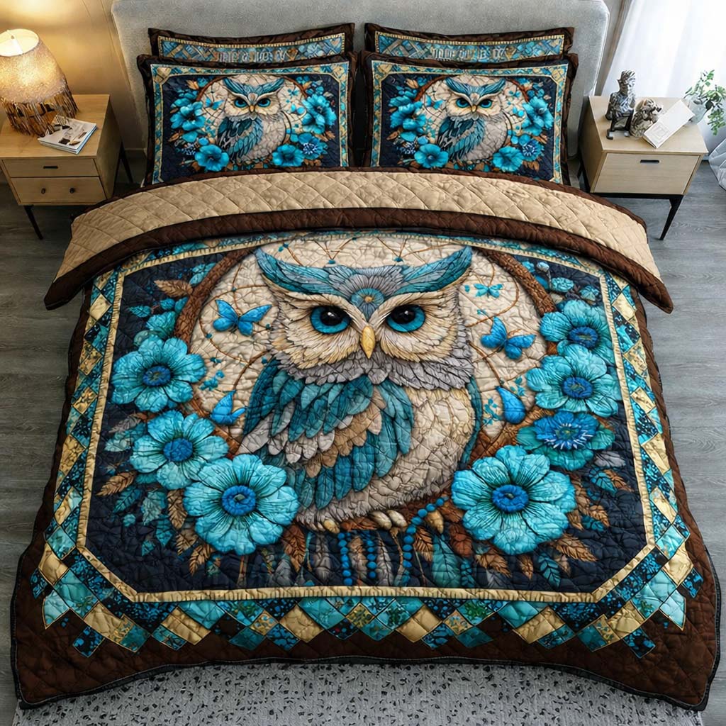Azure Blossom Owl 3-Piece Quilted Bedding Set GFTOHD14158