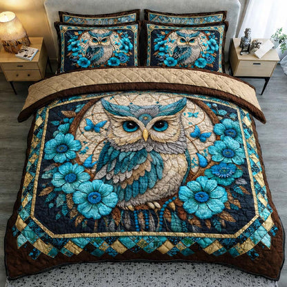 Azure Blossom Owl 3-Piece Quilted Bedding Set GFTOHD14158