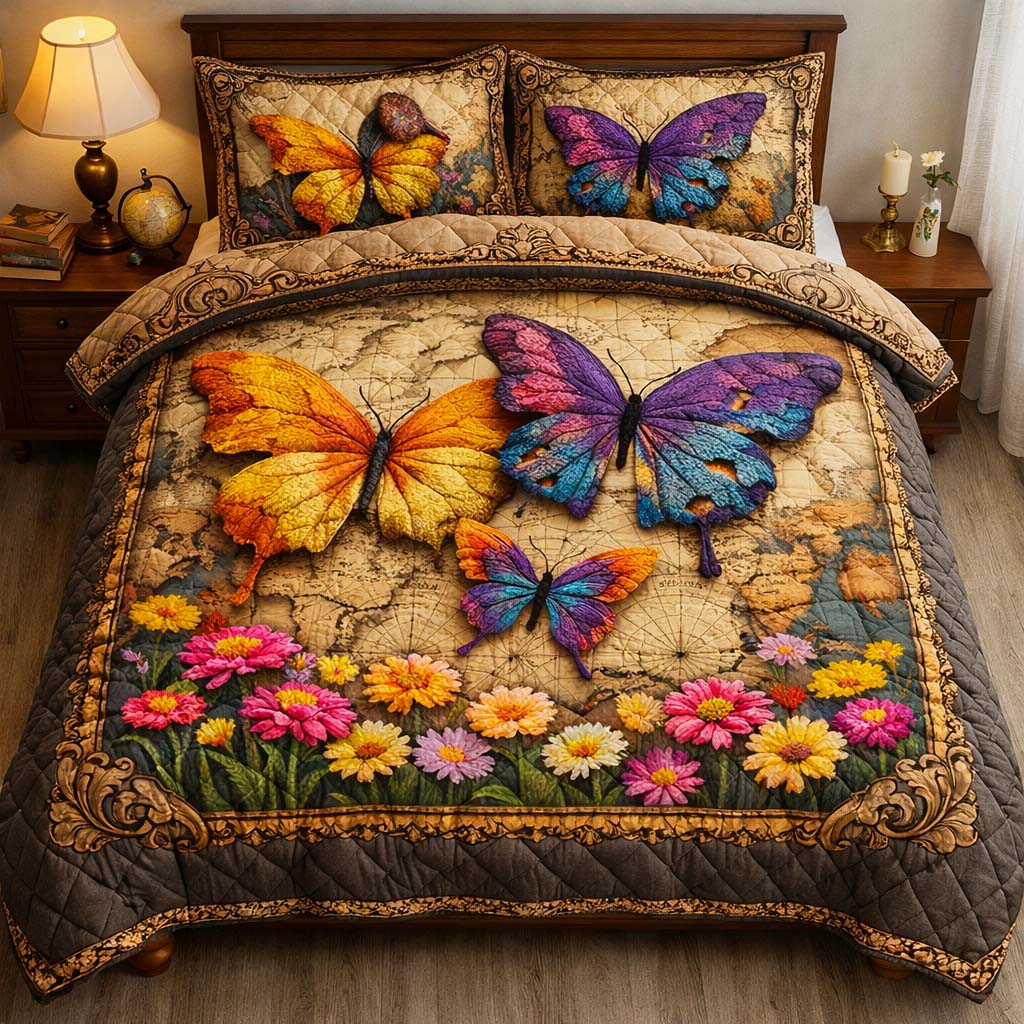 Vintage Map Butterflies 3-Piece Quilted Bedding Set GFTOHD14298