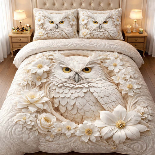 Ivory Blossom Owl 3-Piece Quilted Bedding Set GFTOHD14310