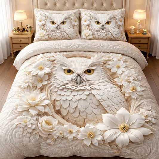 Ivory Blossom Owl 3-Piece Quilted Bedding Set GFTOHD14310