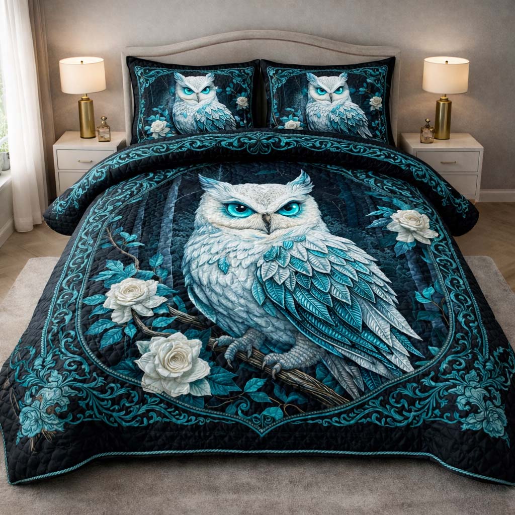 Mystic Teal Owl 3-Piece Quilted Bedding Set GFTOHD14311