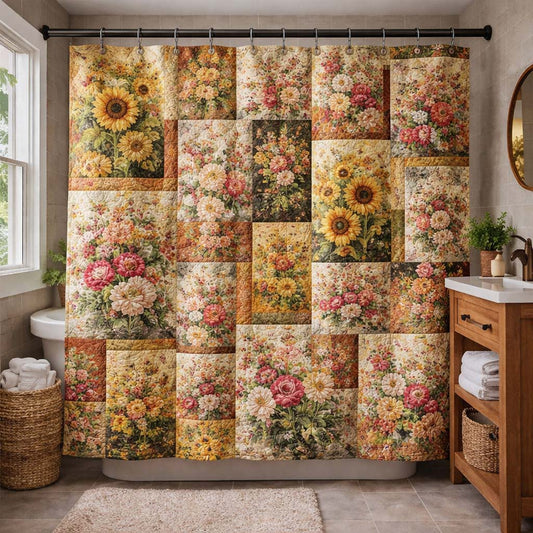 Golden Bloom Patchwork Shower Curtain GFTOHD14564