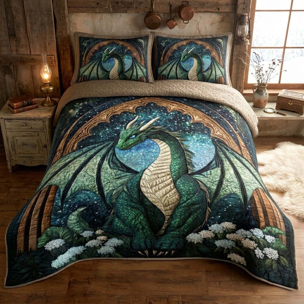 Emerald Dragon Realm 3-Piece Quilted Bedding Set GFTOHD14591