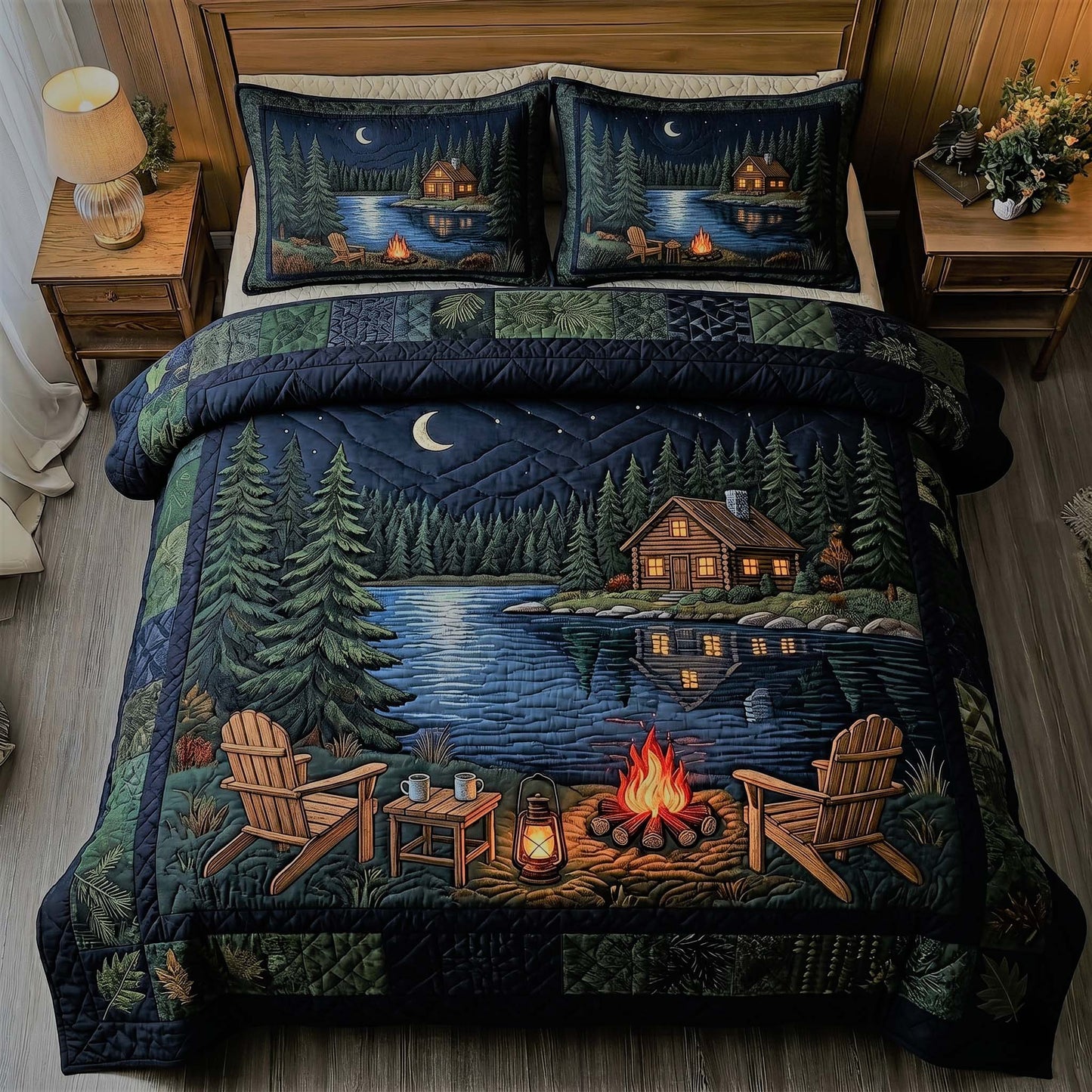 Lakeside Cabin Night 3-Piece Quilted Bedding Set GFTOHD14747