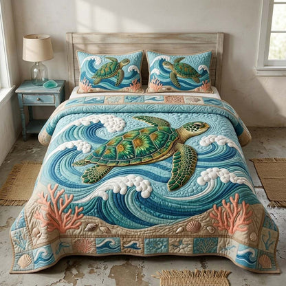 Ocean Wave Turtle 3-Piece Quilted Bedding Set GFTOHD14782