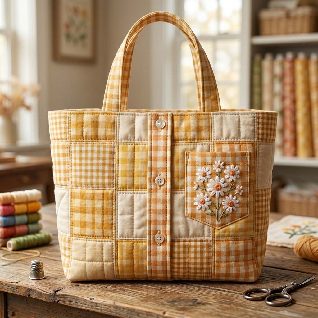 Sunny Gingham Shirt Quilted Tote Bag GFTOHD14991