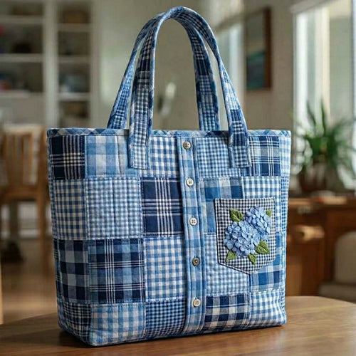 Blueberry Check Shirt Quilted Tote Bag GFTOHD14997