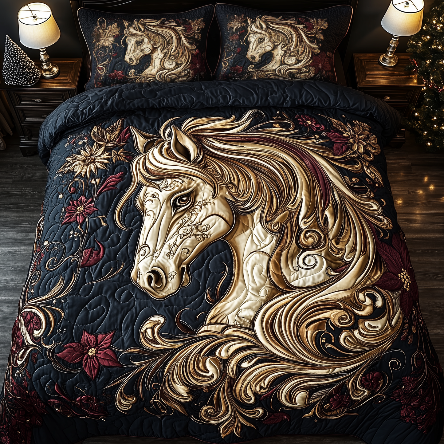 Elegant Golden Horse 3-Piece Quilted Bedding Set GFTOHD1654