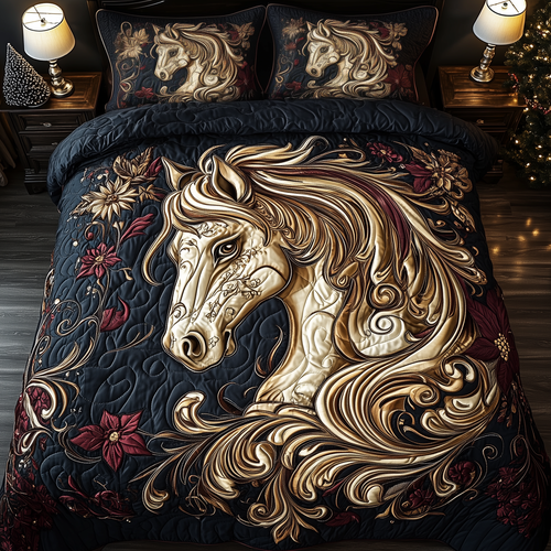 Elegant Golden Horse 3-Piece Quilted Bedding Set GFTOHD1654