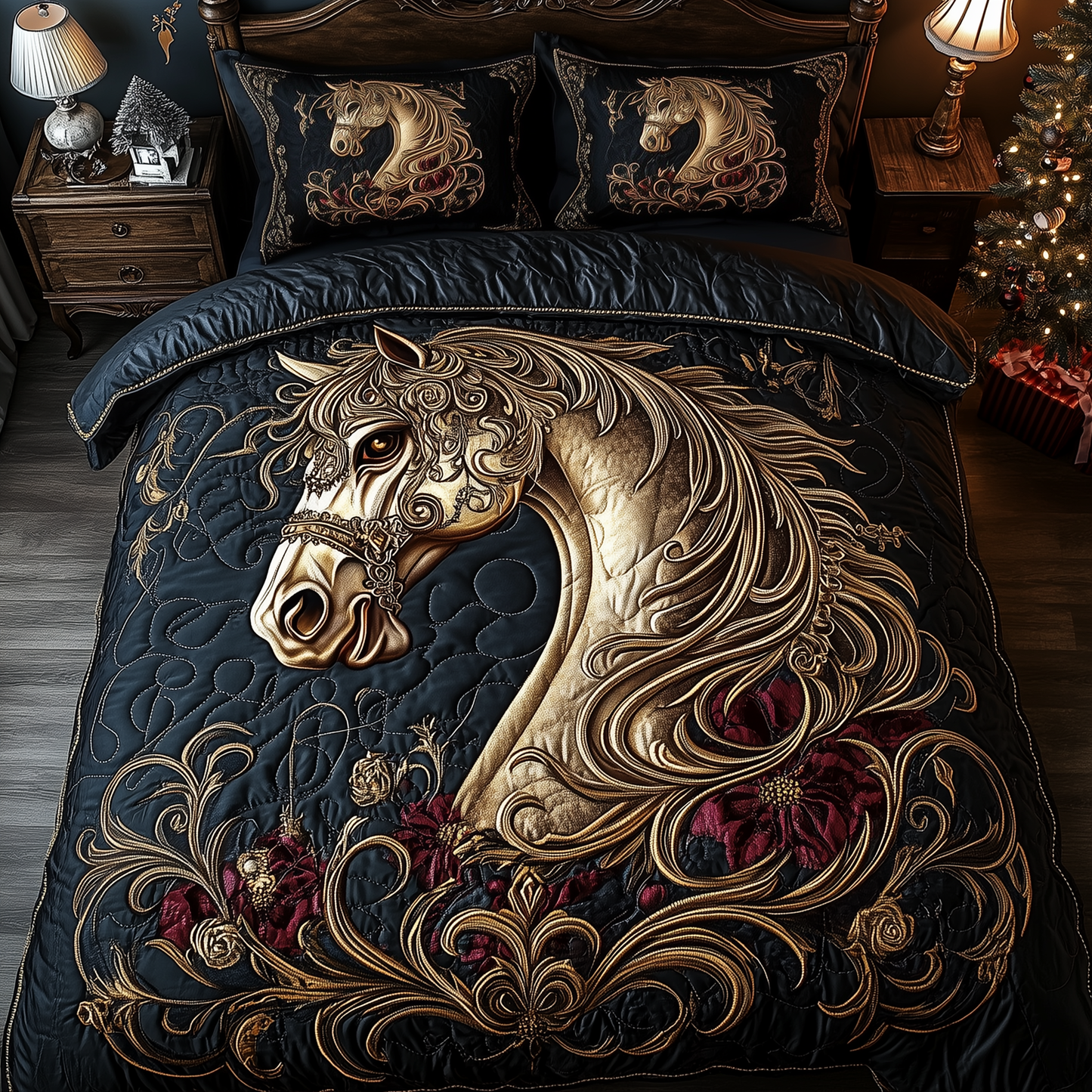 Elegant Golden Horse 3-Piece Quilted Bedding Set GFTOHD1655