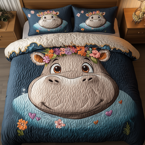 Adorable Hippo Swimming 3-Piece Quilted Bedding Set GFTOHD2045