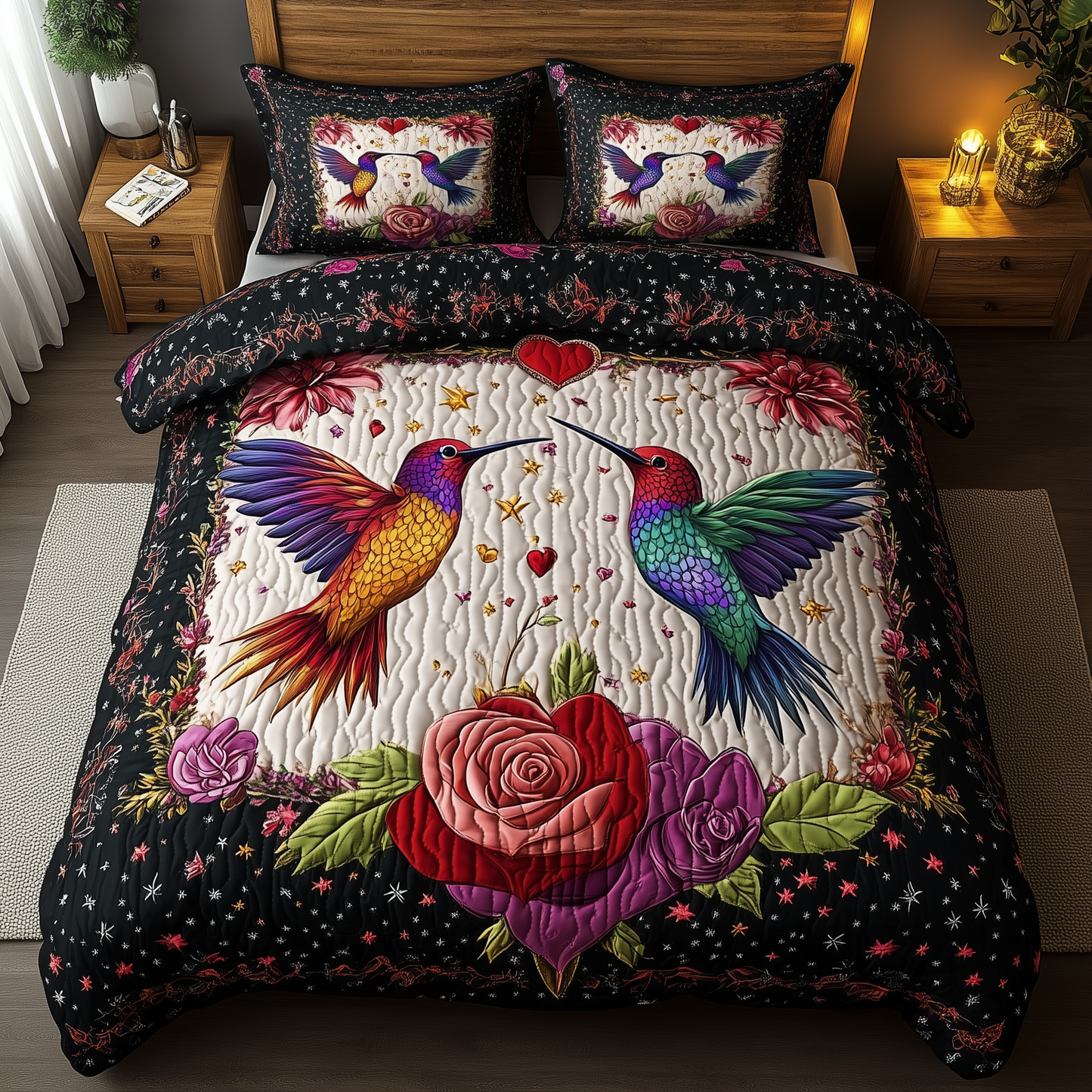 Hummingbird Rose Serenade 3-Piece Quilted Bedding Set GFTOHD2087