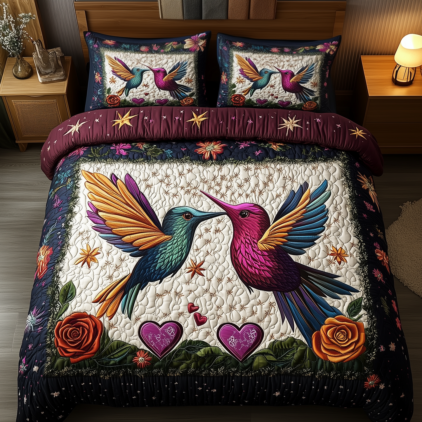 Hummingbird Rose Symphony 3-Piece Quilted Bedding Set GFTOHD2091