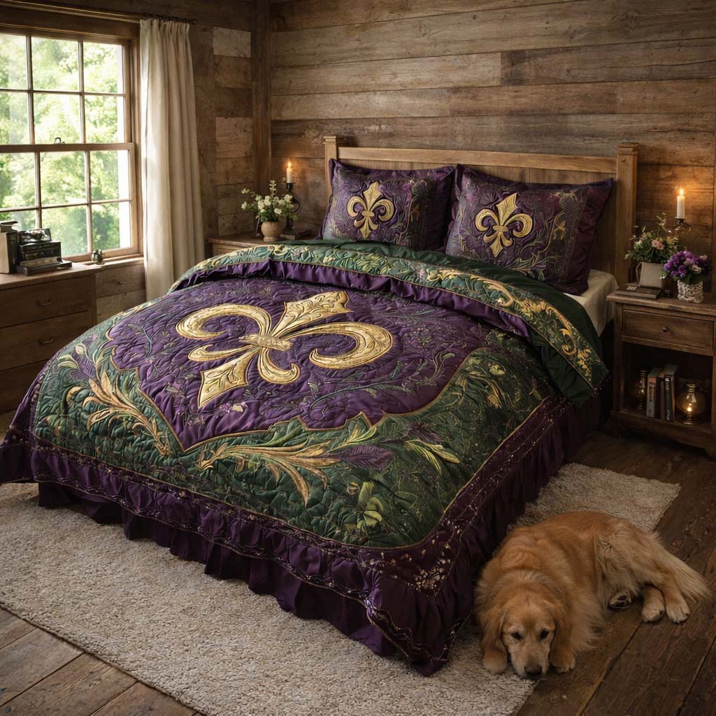 Mardi Gras Fleur de lis 3-Piece Quilted Bedding Set GFTOHD3547