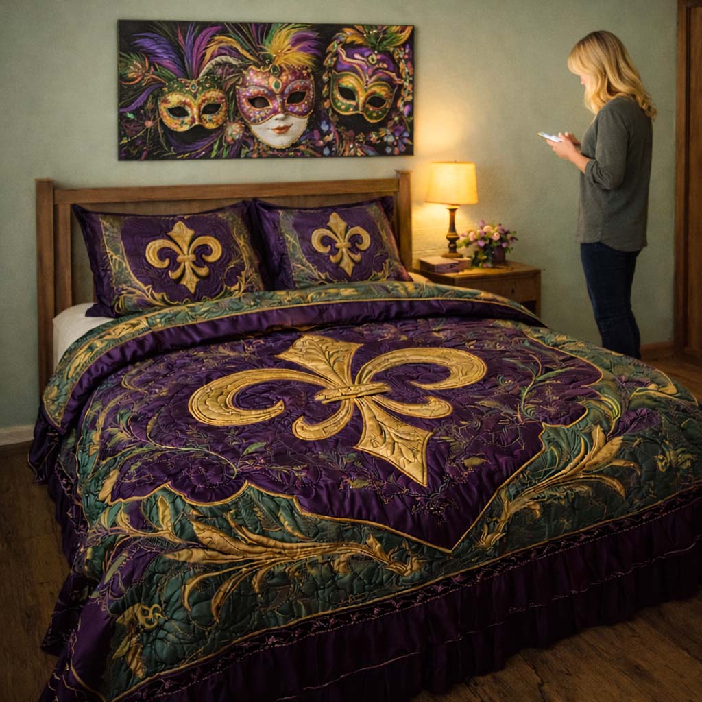 Mardi Gras Fleur de lis 3-Piece Quilted Bedding Set GFTOHD3547