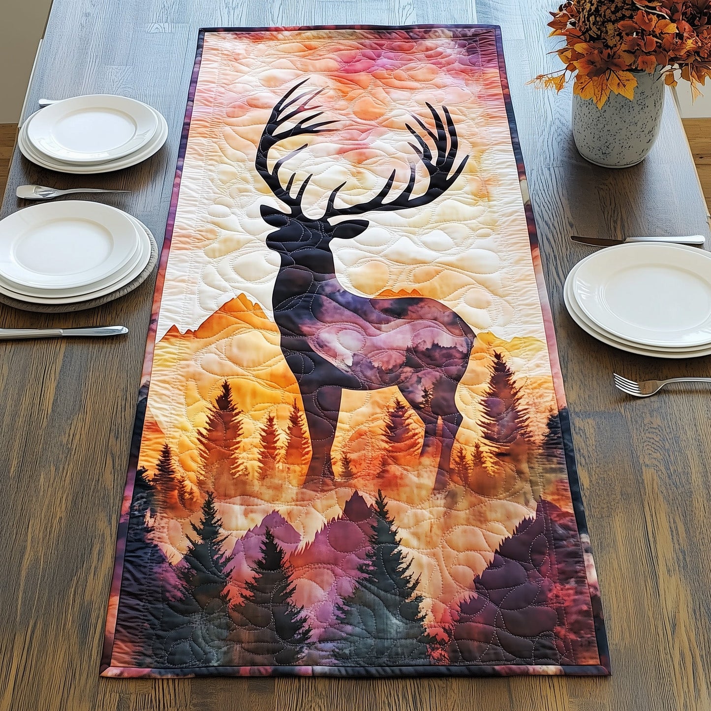 Rustic Mountain Deer Quilted Table Runner GFTOHD5732