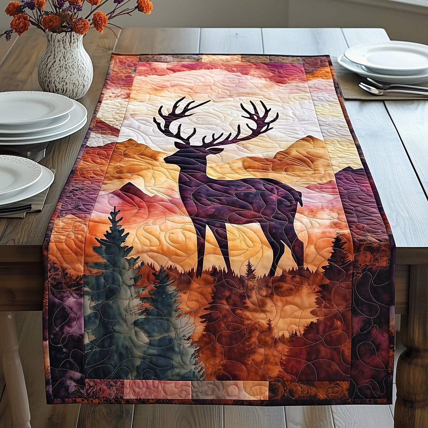 Rustic Mountain Deer Quilted Table Runner GFTOHD5733