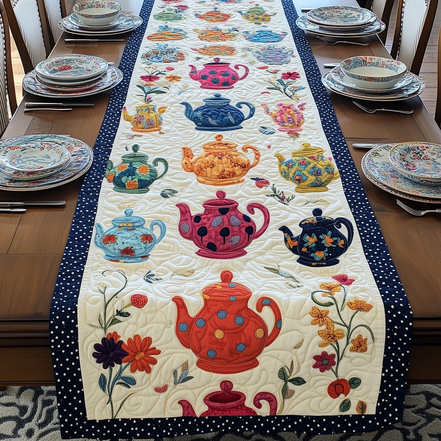 Vintage Teapot Charm Quilted Table Runner GFTOHD6206