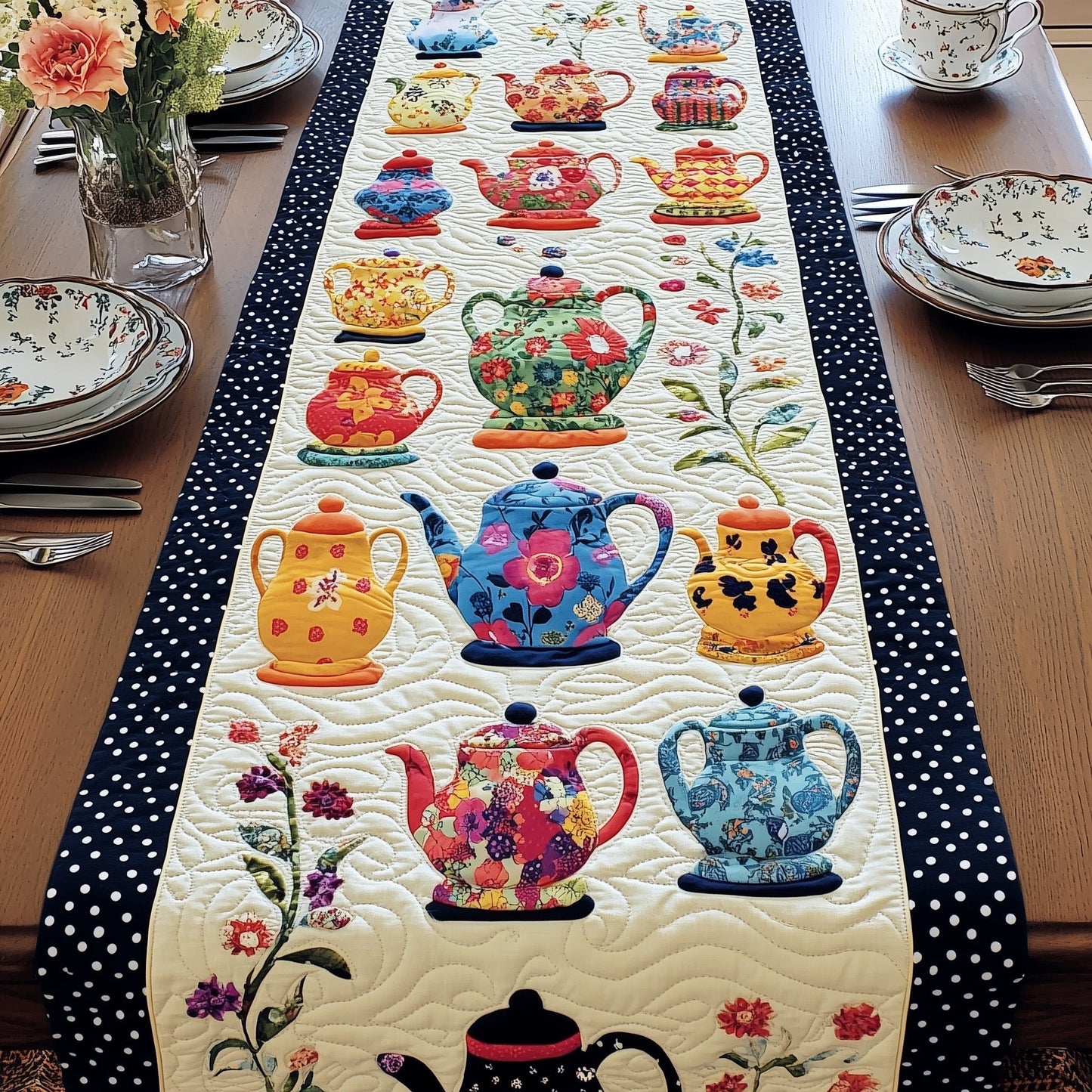 Vintage Teapot Charm Quilted Table Runner GFTOHD6207
