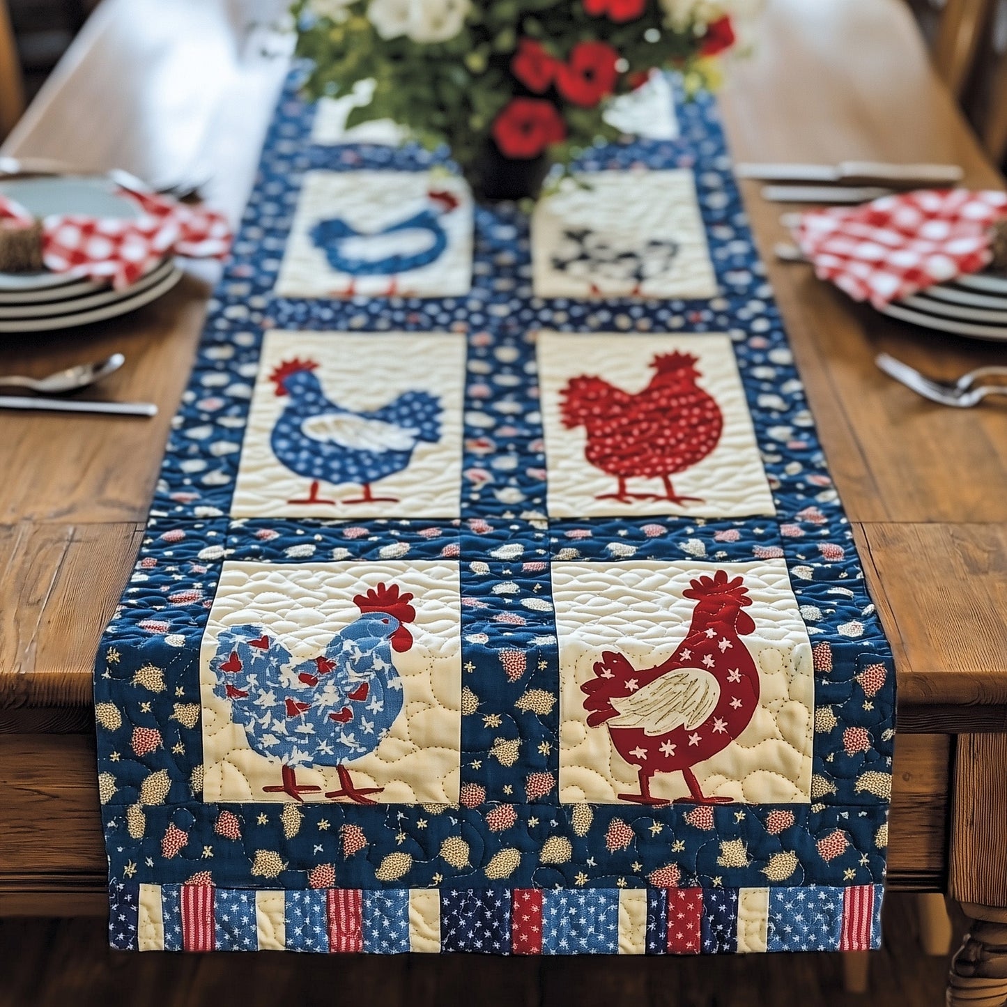 Patriotic Poultry Parade Quilted Table Runner GFTOHD6227