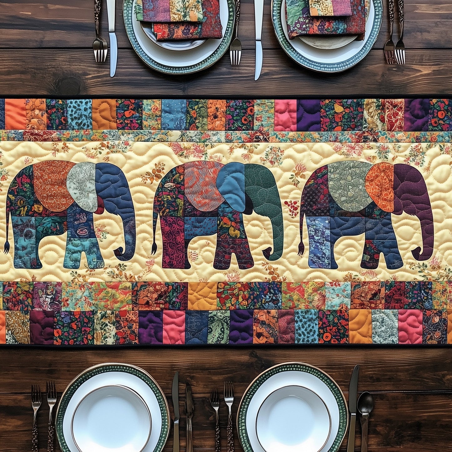 Patchwork Elephant Spirit Quilted Table Runner GFTOHD6424
